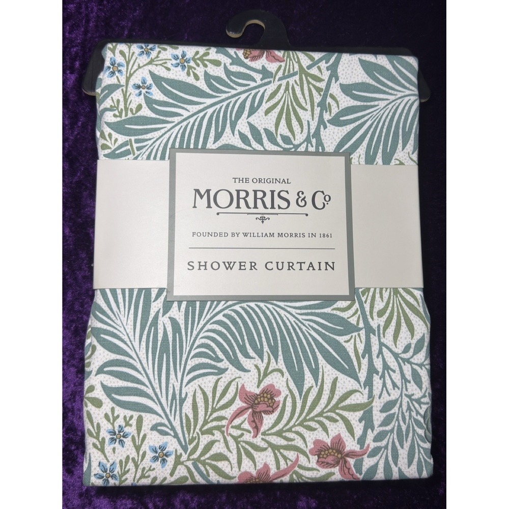 William Morris Shower Curtain Larkspur Mineral Fabric Botanical Floral Leaves